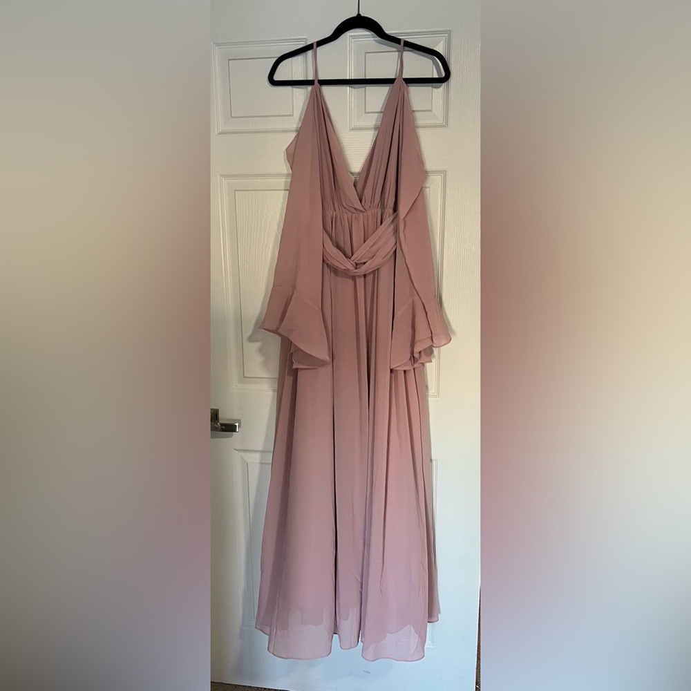 Chiffon maxi dress bridesmaid cold shoulder flutter sleeves mauve pink